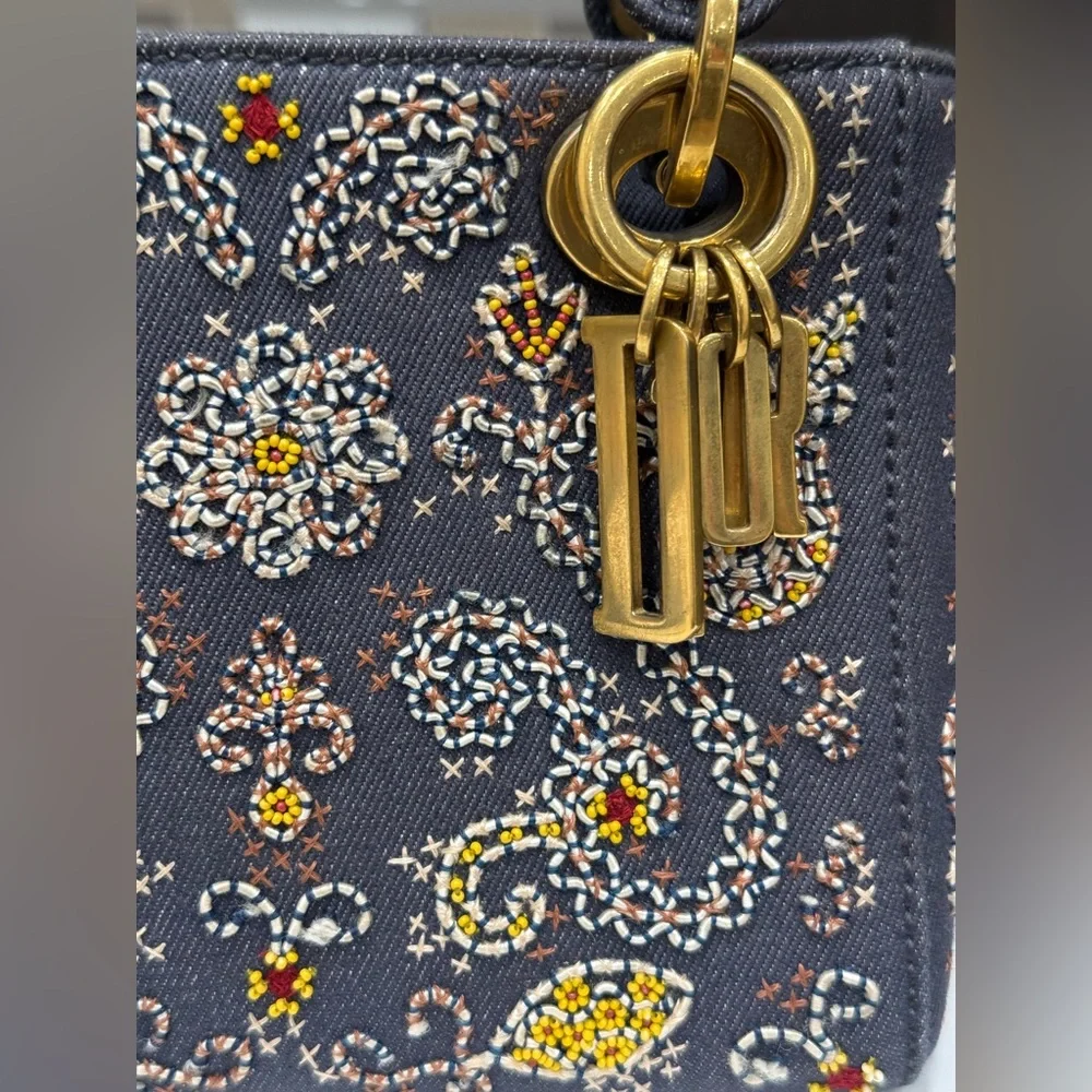 LADY DIOR DENIM ALL HAND STUDDED AND STITCHED with beautiful gold hardware SMALL - Picture 2 of 10